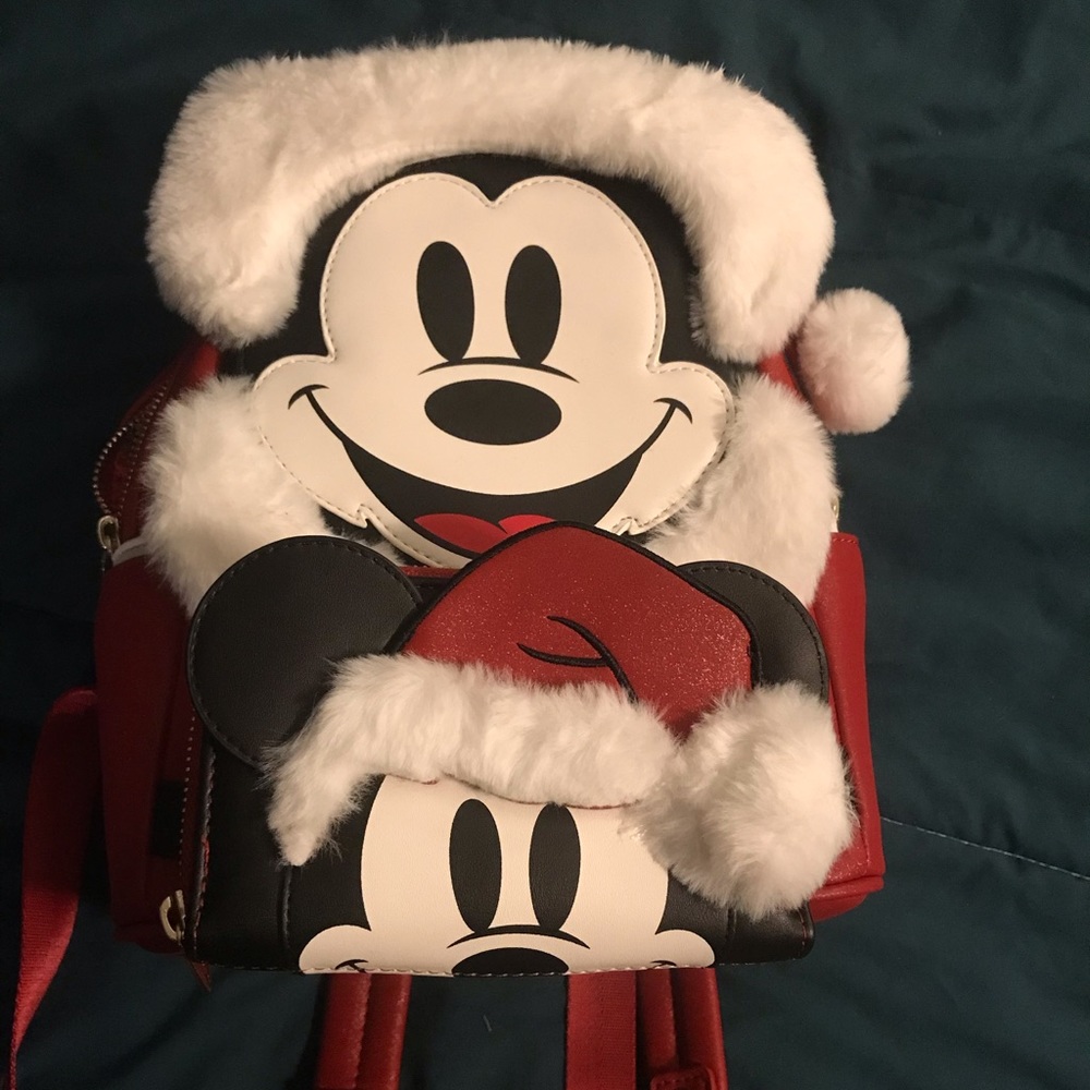 Disney Santa Mickey Loungefly mini backpack and matching wallet